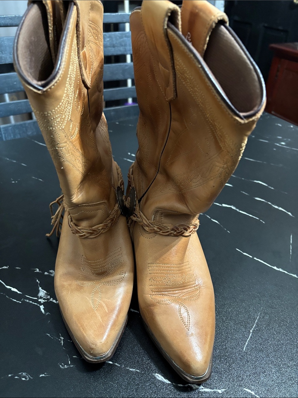 Braided Strap Tan Leather Lace-Up Women's Cowboy Boots